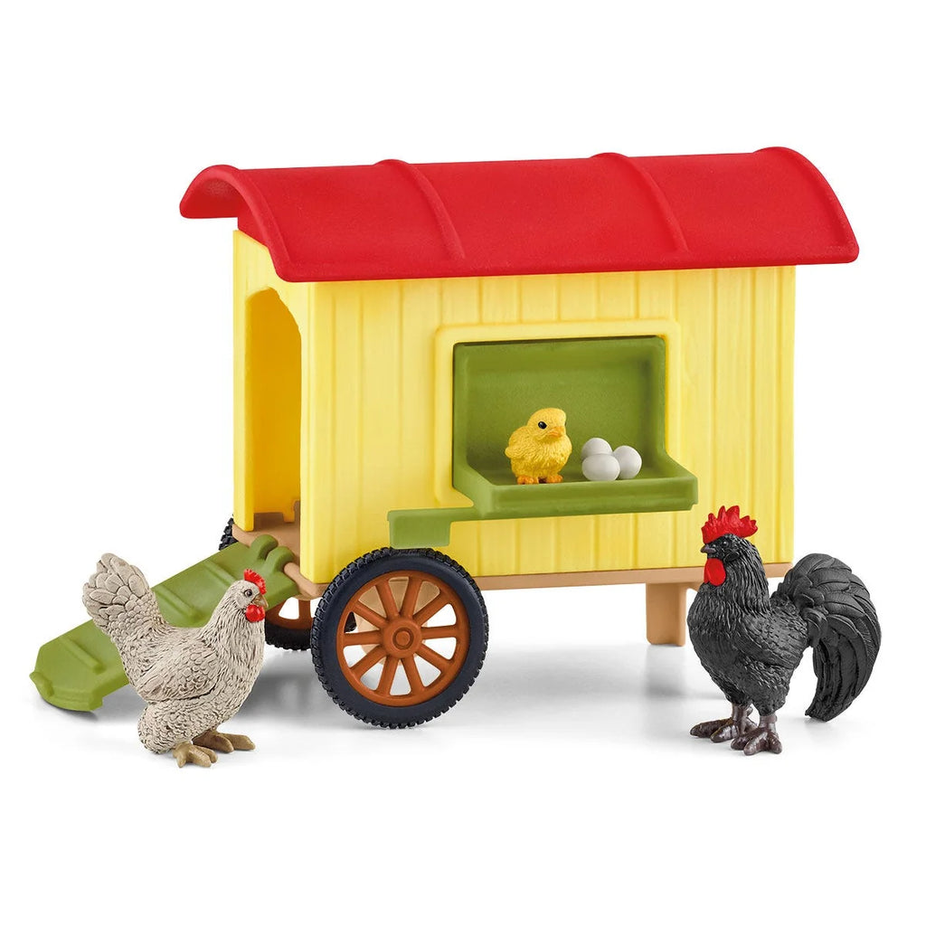 Schleich Mobile Chicken Coop Playset with hen, rooster, chick, and eggs
