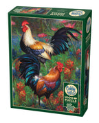 Roosters 1000-piece puzzle box featuring two colorful roosters in a flower-filled field