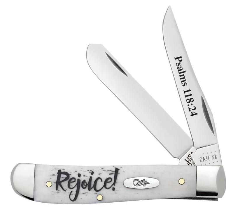 Case Religious Sayings Rejoice Mini Trapper pocket knife with Clip and Spey blades open on a white background, Psalms 118:24 on the Clip blade and Rejoice! script on the smooth natural bone handle