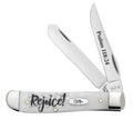  Case Religious Sayings Rejoice Mini Trapper pocket knife with Clip and Spey blades open on a white background, Psalms 118:24 on the Clip blade and Rejoice! script on the smooth natural bone handle