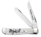  Case Religious Sayings Rejoice Mini Trapper pocket knife with Clip and Spey blades open on a white background, Psalms 118:24 on the Clip blade and Rejoice! script on the smooth natural bone handle