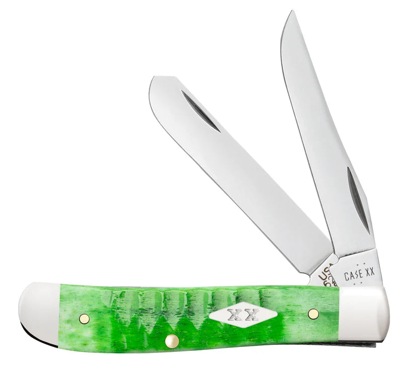 Case Gator Mini Trapper knife with bright green jigged bone handle and white blade