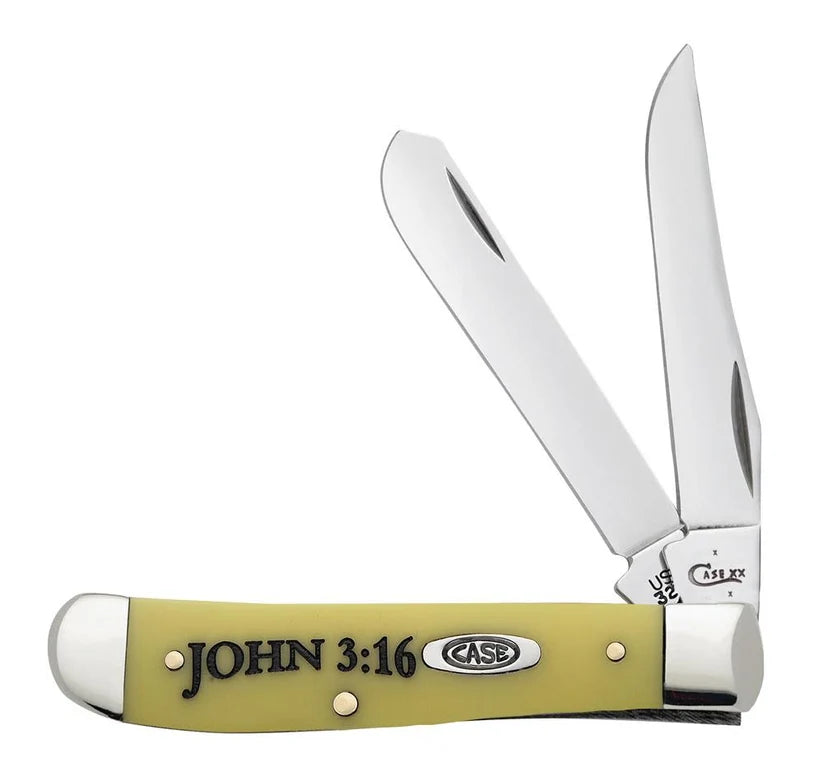 Case Religious Sayings Mini Trapper with yellow “John 3:16” handle and two open blades