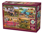 It's a Dog's Life 2000-piece puzzle box featuring four farm scenes with dogs, vintage trucks, flowers, and fields