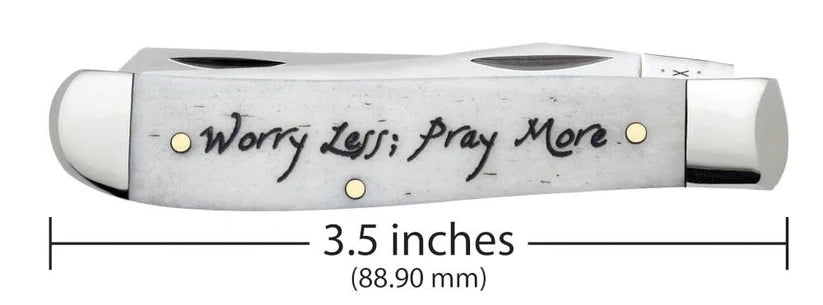 Case Worry Less, Pray More Mini Trapper pocket knife closed on a white background, showing the Worry Less; Pray More script on the handle and its length marked as 3.5 inches (88.90 mm)