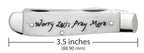 Case Worry Less, Pray More Mini Trapper pocket knife closed on a white background, showing the Worry Less; Pray More script on the handle and its length marked as 3.5 inches (88.90 mm)