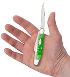 Case Gator Jigged Bright Green Bone Medium Stockman knife shown open in hand