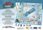 Back of Bass-Opoly board game box showing the fishing-themed game board, cards, tokens, and gameplay