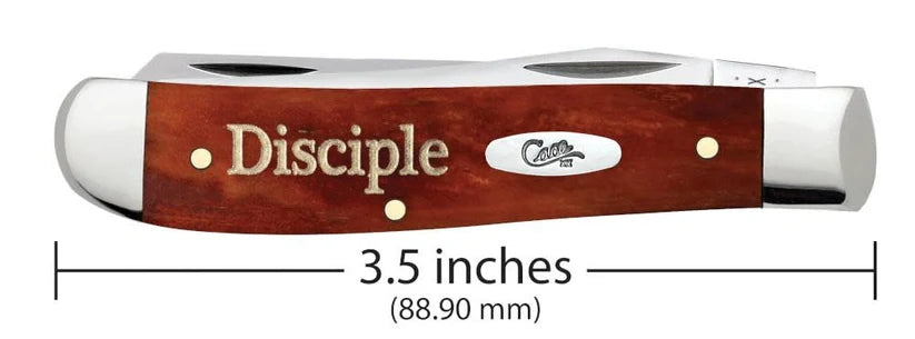 Case Disciple Chestnut Bone Mini Trapper pocket knife closed on a white background, showing the Disciple script on the handle and its length marked as 3.5 inches