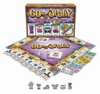60s-Opoly board game setup with board, cards, play money, dice, and six themed tokens