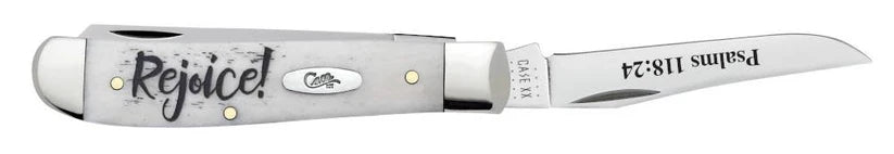 Case Rejoice Mini Trapper pocket knife, side view with one blade open and the Rejoice! script on the natural bone handle
