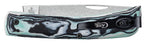 Reverse side of closed Case XR Sod Buster Jr. Seafoam Green knife showing black pocket clip