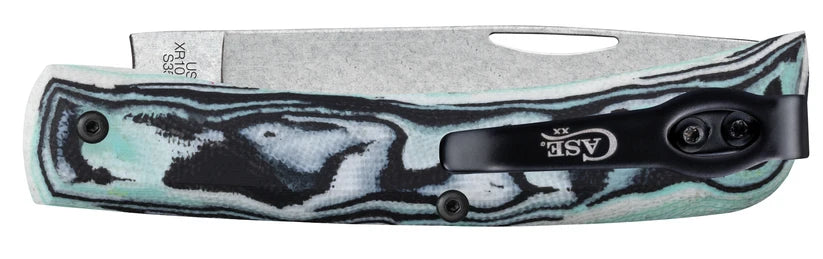 Reverse side of closed Case XR Sod Buster Jr. Seafoam Green knife showing black pocket clip