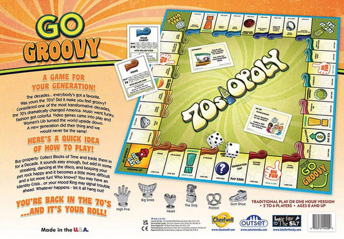 Back of 70s-Opoly board game box showing the game board, cards, tokens, and 1970s gameplay