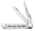 Case Worry Less, Pray More Embellished Smooth Natural Bone Mini Trapper pocket knife with Clip and Spey blades open on a white background, Philippians 4:6 on the Clip blade and Worry Less; Pray More script on the handle