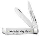 Case Worry Less, Pray More Embellished Smooth Natural Bone Mini Trapper pocket knife with Clip and Spey blades open on a white background, Philippians 4:6 on the Clip blade and Worry Less; Pray More script on the handle