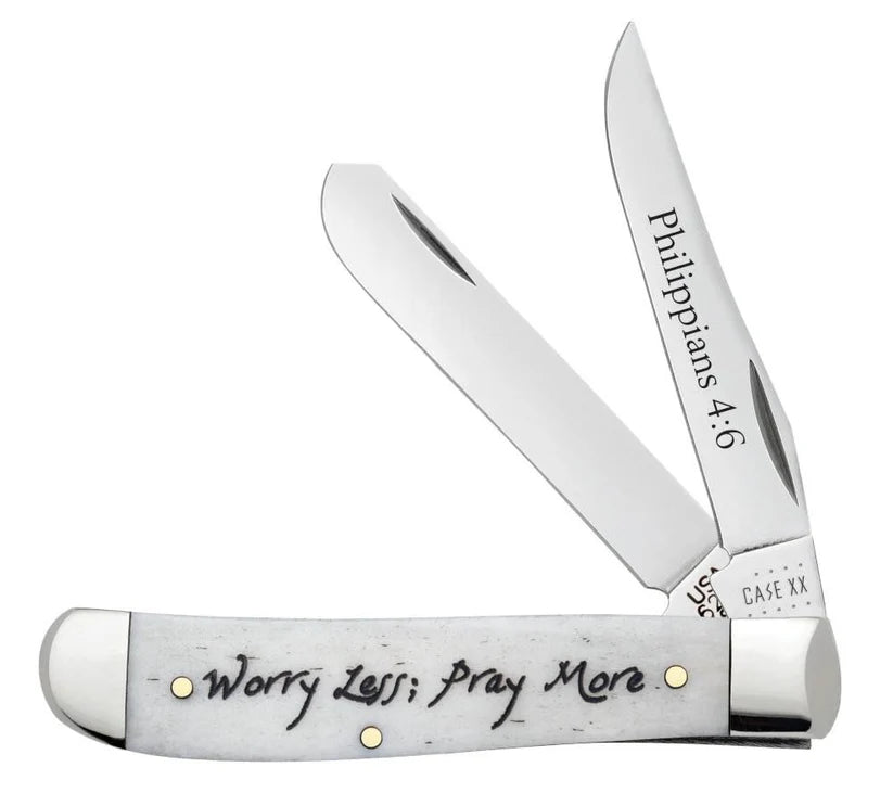 Case Worry Less, Pray More Embellished Smooth Natural Bone Mini Trapper pocket knife with Clip and Spey blades open on a white background, Philippians 4:6 on the Clip blade and Worry Less; Pray More script on the handle