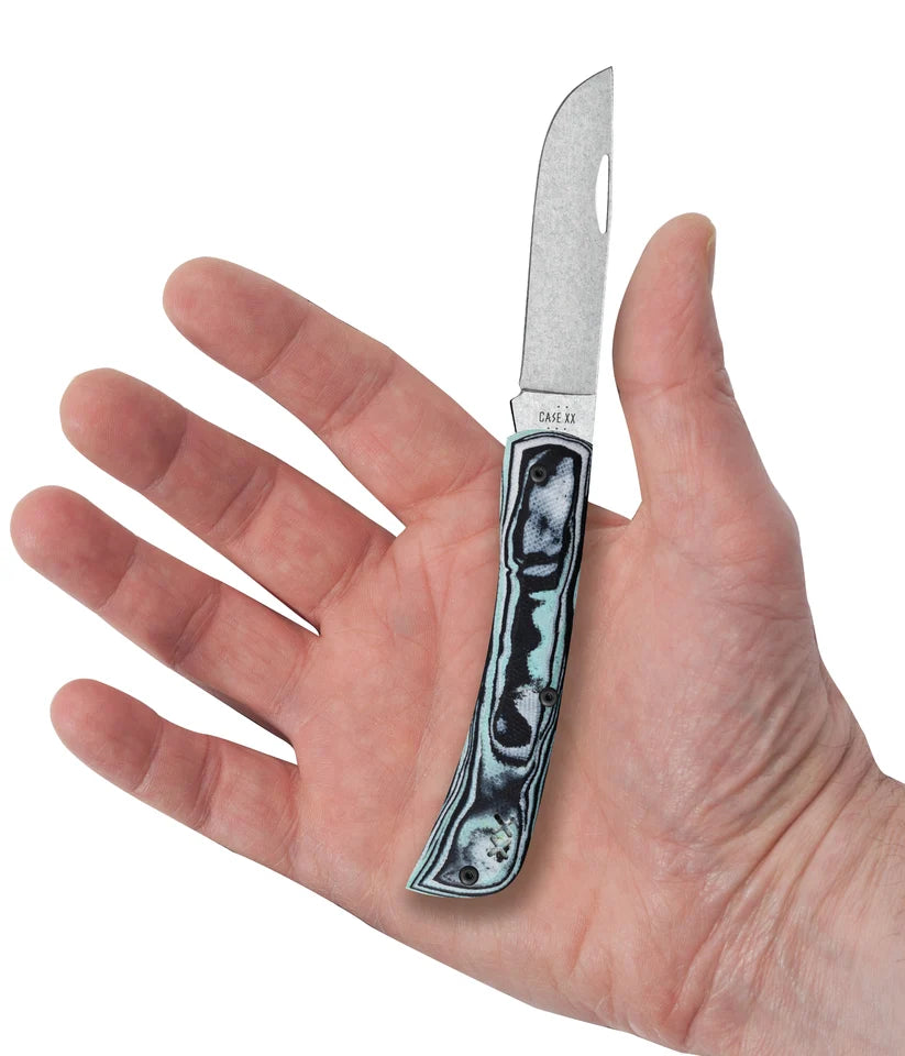 Case XR Sod Buster Jr. Seafoam Green Burl G-10 knife held in a hand with blade open