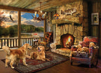 Lakeside Cabin puzzle artwork showing dogs beside a cozy stone fireplace with a lake and mountains outside