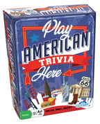 Play American Trivia Here American trivia game box with U.S. landmarks, Route 66, the Statue of Liberty, and Outset branding