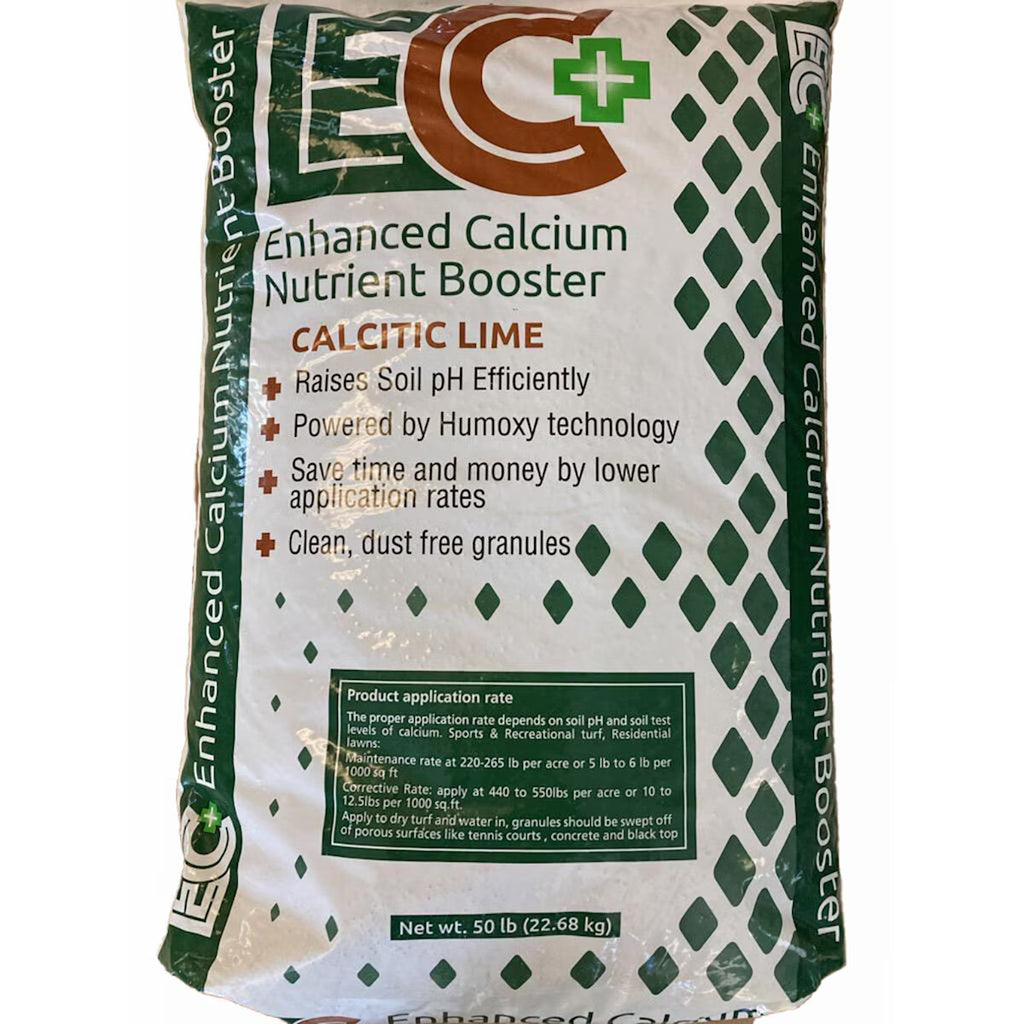 Front of EC+ Enhanced Calcium Nutrient Booster calcitic lime bag, 50 lb., showing product features and application rates.