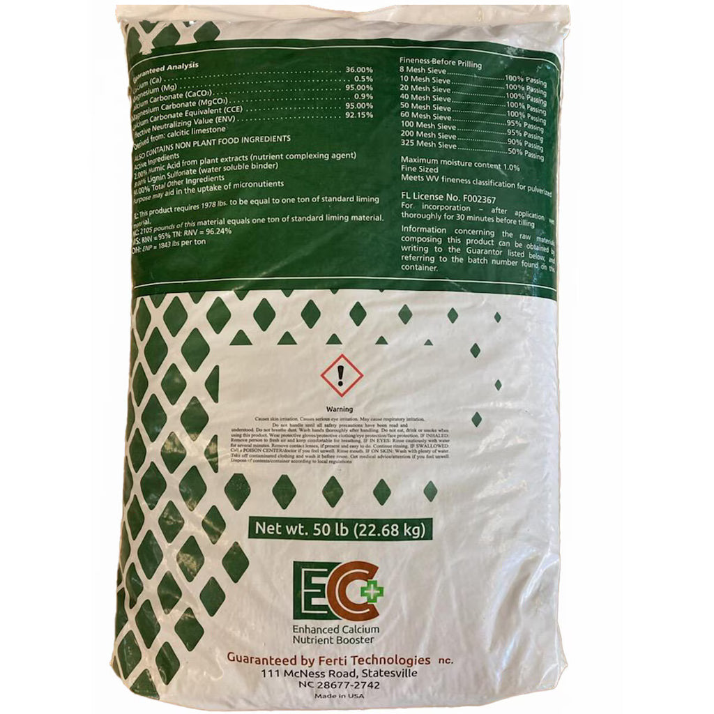 Back of EC+ Enhanced Calcium Nutrient Booster 50 lb. bag showing guaranteed analysis and warning label