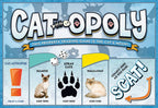 Cat-Opoly board game detail showing the title, Siamese and Himalayan cat spaces, paw print, dice, and Scat space