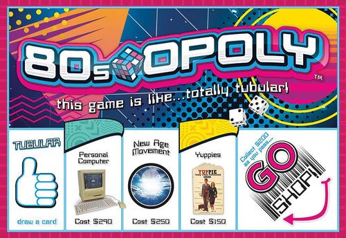 80s-Opoly board game board featuring Rubik's Cube, personal computers, New Wave, and 1980s themes