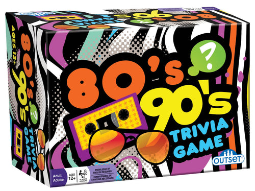 80s and 90s Trivia Game box with colorful retro design