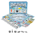 Cat-Opoly new design board game with cat-themed board, cards, play money, dice, and six cat-related tokens