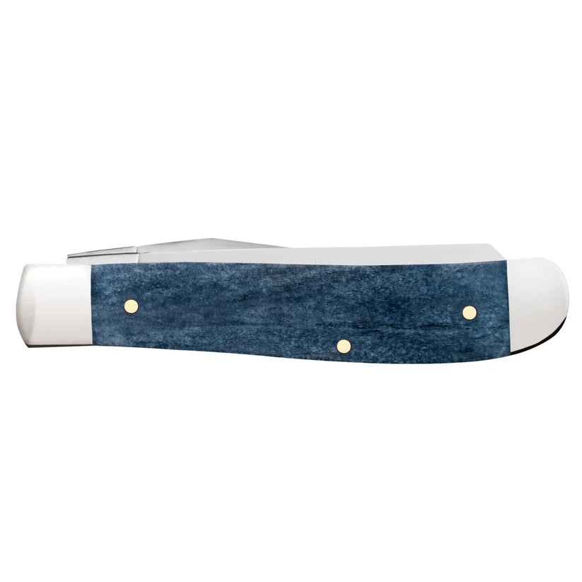 Case Mediterranean blue bone Mini Trapper knife engraved “Papaw” with size measurement on a white background