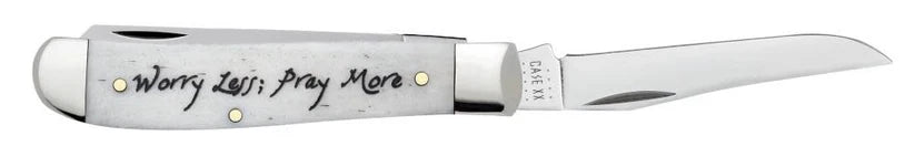 Case Worry Less, Pray More Mini Trapper pocket knife, side view with one blade open