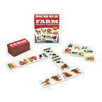 Farm Animal Dominoes game layout with animal tiles, box, and stacked dominoes arranged for play