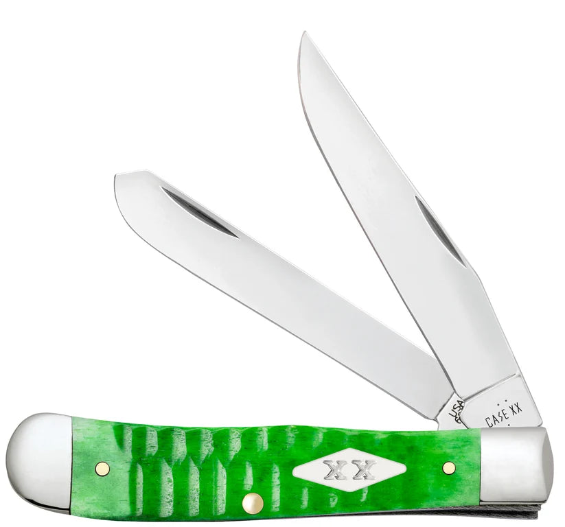 Case Gator Trapper knife with bright green gator-jigged bone handle and silver blade on white background
