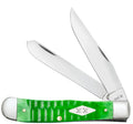 Case Gator Trapper knife with bright green gator-jigged bone handle and silver blade on white background