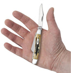 Case 6.5 BoneStag Medium Stockman knife held in a hand with Clip blade open
