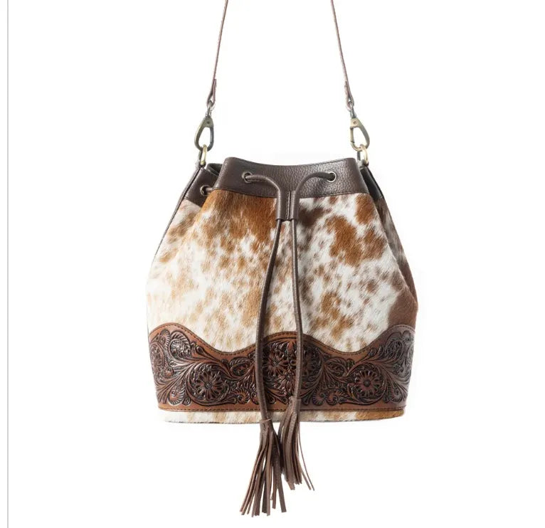 Rustler’s Charm Handtooled Bucket Bag – Brown (S12142)