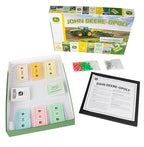 John Deere-Opoly game components including money, cards, tokens, and rules