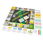 John Deere-Opoly board with property cards, money, dice, and game tokens