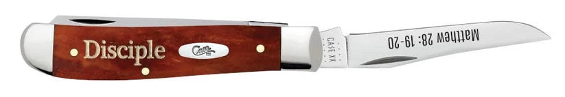 Case Disciple Chestnut Bone Mini Trapper pocket knife, side view with one blade open and Matthew 28:19-20 on the blade