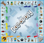 Dog-Opoly board game board showing dog breeds, Good Dog and Bad Dog spaces, cards, and kennel-themed gameplay