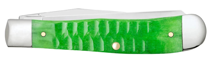 Case Gator Trapper knife with green bone handle and polished silver blade on white background