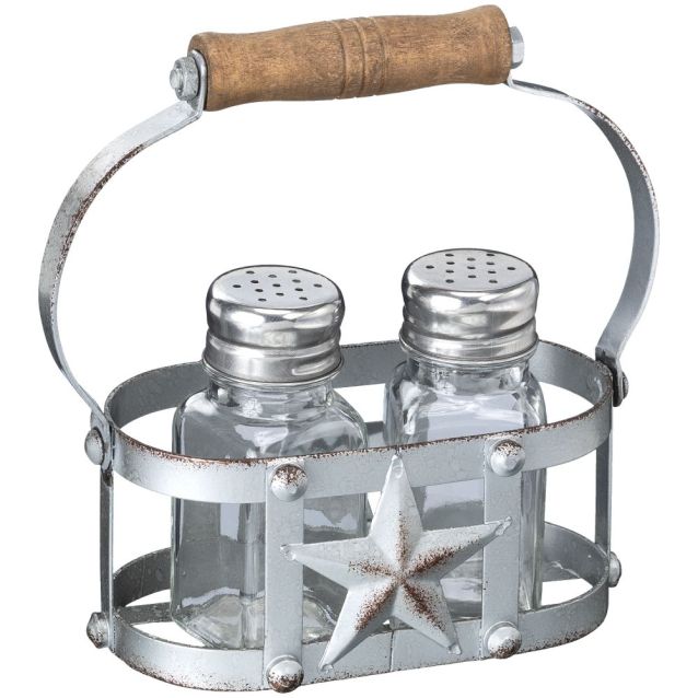 Two glass salt and pepper shakers in a rustic silver-tone metal holder with a star accent and wooden carry handle.