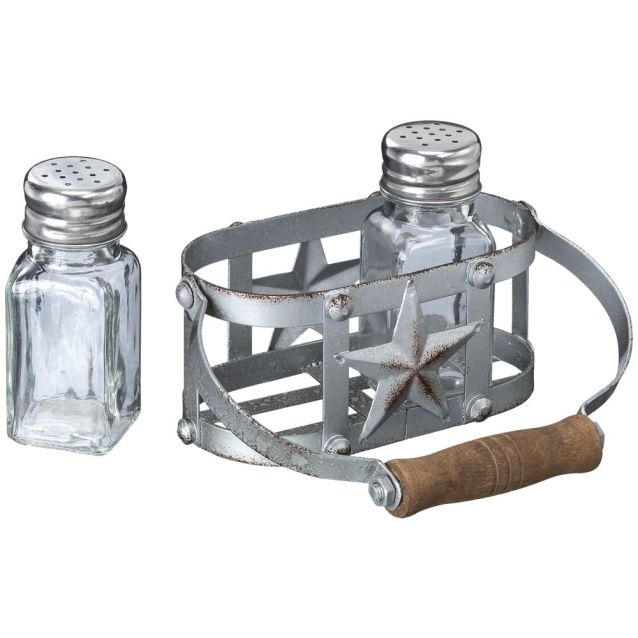 Rustic metal star salt and pepper holder with its wooden handle lowered and one glass shaker removed.
