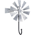 Galvanized metal windmill wall hook with silver blades and a long black curved hook.