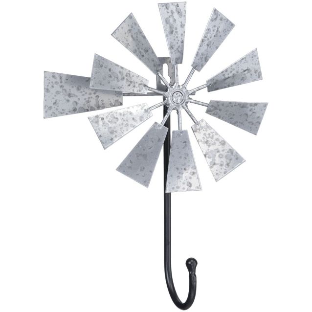Galvanized metal windmill wall hook with silver blades and a long black curved hook.