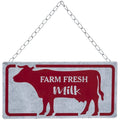 Metal Farm Fresh Milk wall sign featuring a red dairy cow and chain hanger