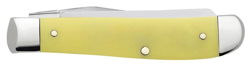 Case Mini Trapper pocket knife with yellow synthetic handle, silver bolsters, and blade