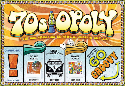 70s-Opoly board game board featuring disco, flower power, peace symbols, and 1970s themes