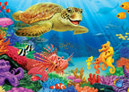 Undersea Turtle 35-piece tray puzzle artwork featuring a sea turtle, lionfish, seahorses, octopus, coral, and colorful fish